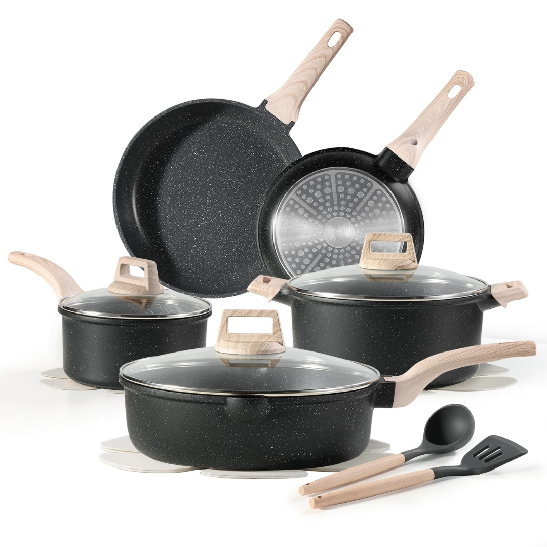 Granite Aluminum Nonstick Cookware Set with Induction Base & Lids