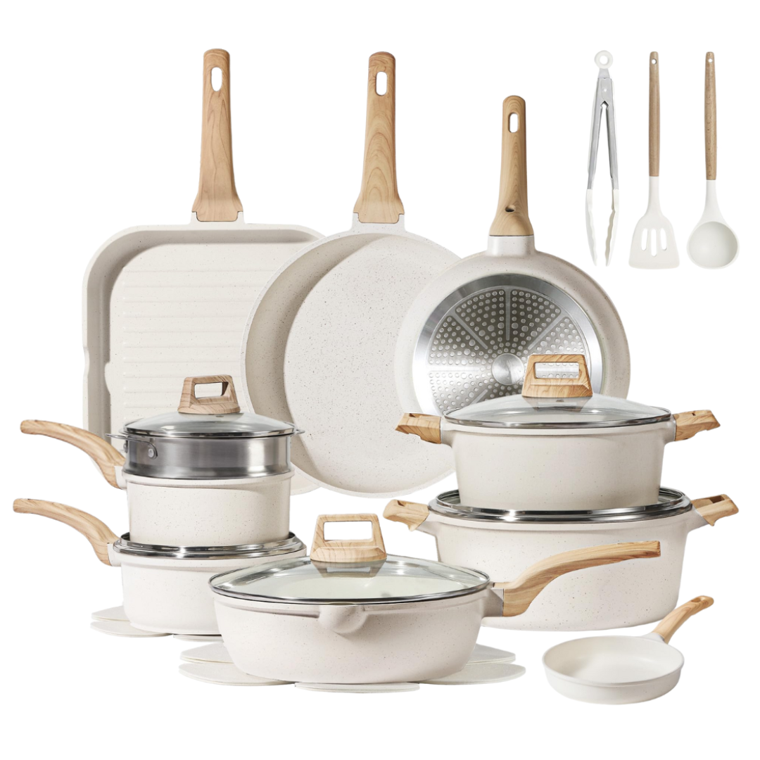 Cream White Granite Nonstick Cookware Set, Multi-Stovetop Compatible