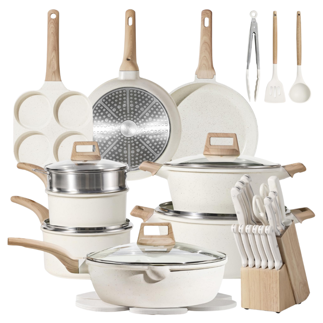 Cream White Granite Nonstick Cookware Set, Multi-Stovetop Compatible