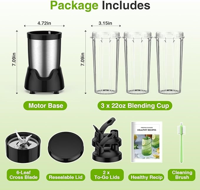 Personal Blender for Smoothies with 3 Blending Cups and 6-Leaf Blade