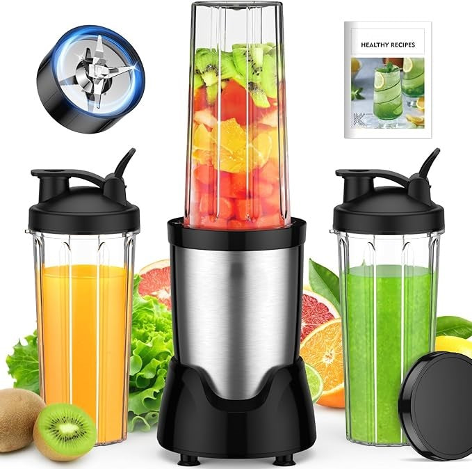 Personal Blender for Smoothies with 3 Blending Cups and 6-Leaf Blade
