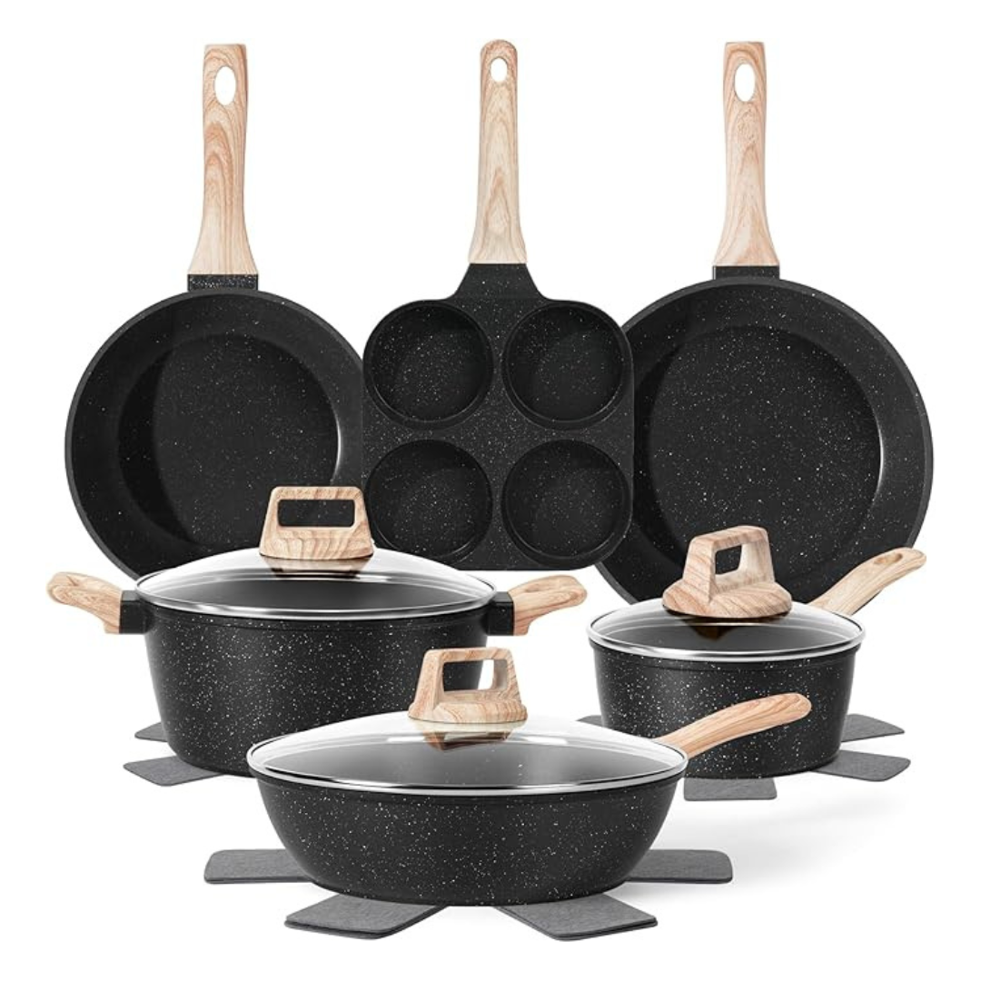 Aluminum Nonstick Cookware Set with Granite Coating & Glass Lids