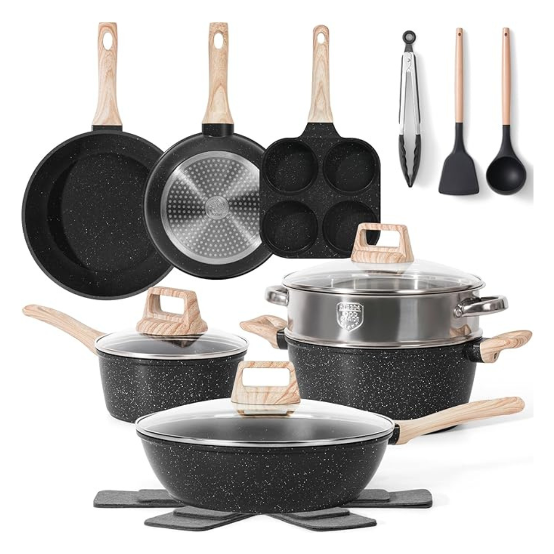 Aluminum Nonstick Cookware Set with Granite Coating & Glass Lids